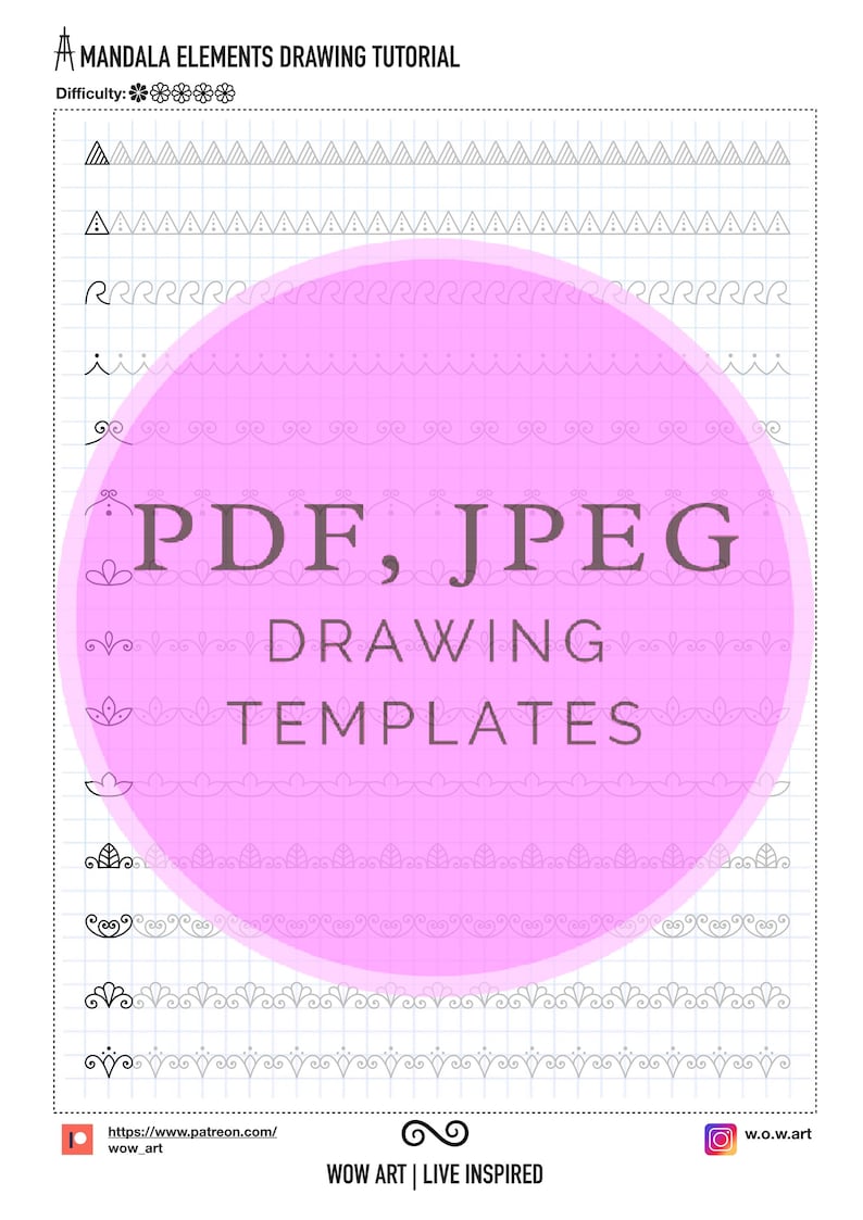 Może przedstawiać: R&oacute;żowe koło z tekstem "PDF, JPEG DRAWING TEMPLATES" na białym tle z siatką. Koło jest otoczone r&oacute;żnymi czarno-białymi elementami wzoru mandali.