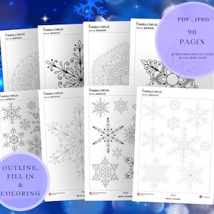 18.Schneeflocke-Mandalas zum Skizzieren und Ausmalen, jpeg,pdf. Digitales Papier zum Ausmalen, zum Ausmalen, Malen, Basteln, Malen, Scrapbooking,Kalligraphie, Kunsttherapie