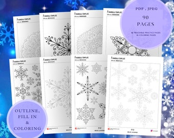 18.Mandalas de copos de nieve para delinear y colorear, jpeg,pdf. Papel digital, descargas instantáneas, página para colorear, arteterapia, caligrafía, scrapbooking