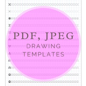 Może przedstawiać: R&oacute;żowe koło z tekstem "PDF, JPEG DRAWING TEMPLATES" na białym tle z siatką. Koło jest otoczone r&oacute;żnymi czarno-białymi elementami wzoru mandali.