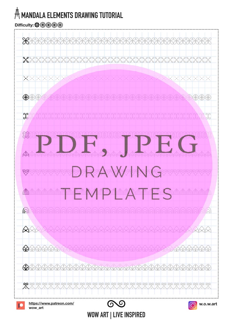 Może przedstawiać: R&oacute;żowe koło z tekstem "PDF, JPEG DRAWING TEMPLATES" na białym tle z siatką. Koło jest otoczone r&oacute;żnymi czarno-białymi elementami wzoru mandali.