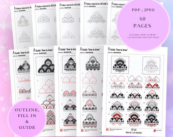 13.Art Guides "How to draw" with an intricate multi-row mandala pattern designs+practice sheets for OUTLINE and Fill In.PDF,JPEG.Mandala art