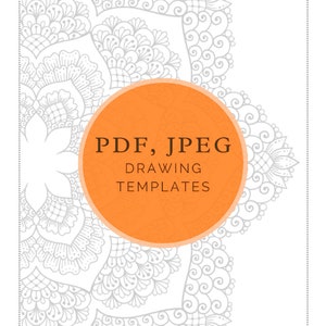 Puede incluir: Una plantilla de dise&ntilde;o de mandala en blanco y negro en formato PDF y JPEG. La plantilla est&aacute; rodeada por un c&iacute;rculo naranja grande con el texto "PDF, JPEG DRAWING TEMPLATES" en texto marr&oacute;n.