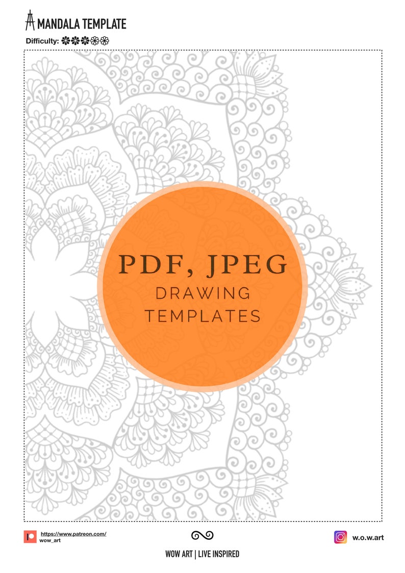 Puede incluir: Una plantilla de dise&ntilde;o de mandala en blanco y negro en formato PDF y JPEG. La plantilla est&aacute; rodeada por un c&iacute;rculo naranja grande con el texto "PDF, JPEG DRAWING TEMPLATES" en texto marr&oacute;n.
