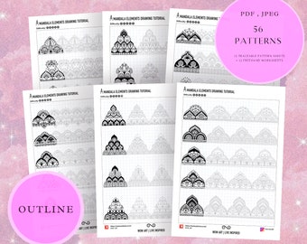 May include: A printable mandala drawing tutorial with 56 patterns. The tutorial includes 12 traceable pattern sheets and 12 freehand worksheets. The patterns are black and white and are on a gridded background.
