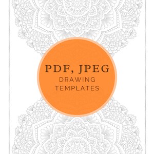 Puede incluir: Una plantilla de mandala en blanco y negro para dibujar. La plantilla tiene forma de flor con detalles intrincados. El texto "PDF, JPEG DRAWING TEMPLATES" est&aacute; en el centro de la imagen.
