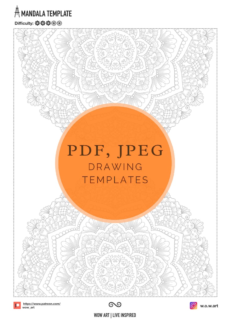Puede incluir: Una plantilla de mandala en blanco y negro para dibujar. La plantilla tiene forma de flor con detalles intrincados. El texto "PDF, JPEG DRAWING TEMPLATES" est&aacute; en el centro de la imagen.