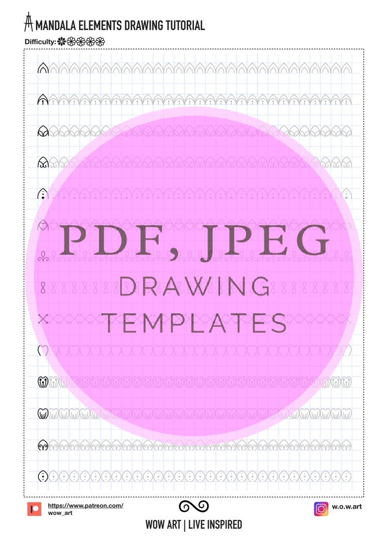 Może przedstawiać: R&oacute;żowe koło z tekstem "PDF, JPEG DRAWING TEMPLATES" na białym tle z siatką. Koło jest otoczone r&oacute;żnymi czarno-białymi elementami mandali.