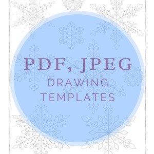 Puede incluir: Una plantilla de mandala azul y blanca con el texto "PDF, JPEG DRAWING TEMPLATES" en morado. La plantilla presenta un dise&ntilde;o de copo de nieve.