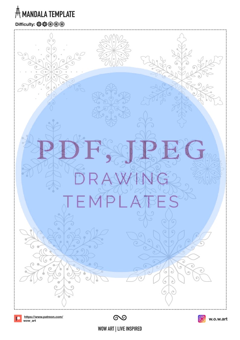 Puede incluir: Una plantilla de mandala azul y blanca con el texto "PDF, JPEG DRAWING TEMPLATES" en morado. La plantilla presenta un dise&ntilde;o de copo de nieve.