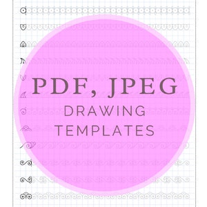 Może przedstawiać: R&oacute;żowe koło z tekstem "PDF, JPEG DRAWING TEMPLATES" na białym tle z siatką. Koło jest otoczone r&oacute;żnymi czarno-białymi elementami wzoru mandali.