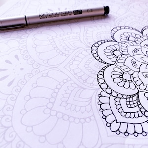 Puede incluir: Un primer plano de un dise&ntilde;o de mandala con detalles intrincados. El dise&ntilde;o est&aacute; parcialmente coloreado con tinta negra. Un bol&iacute;grafo plateado con el texto "MULTILINER SP 02 WATER & COPIC PROOF PIGMENT INK" est&aacute; sobre la p&aacute;gina.