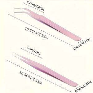 May include: Two pink tweezers with silver tips. The tweezers are 10.5 inches long and have a 0.8 inch wide tip. The tweezers are used for applying false eyelashes.