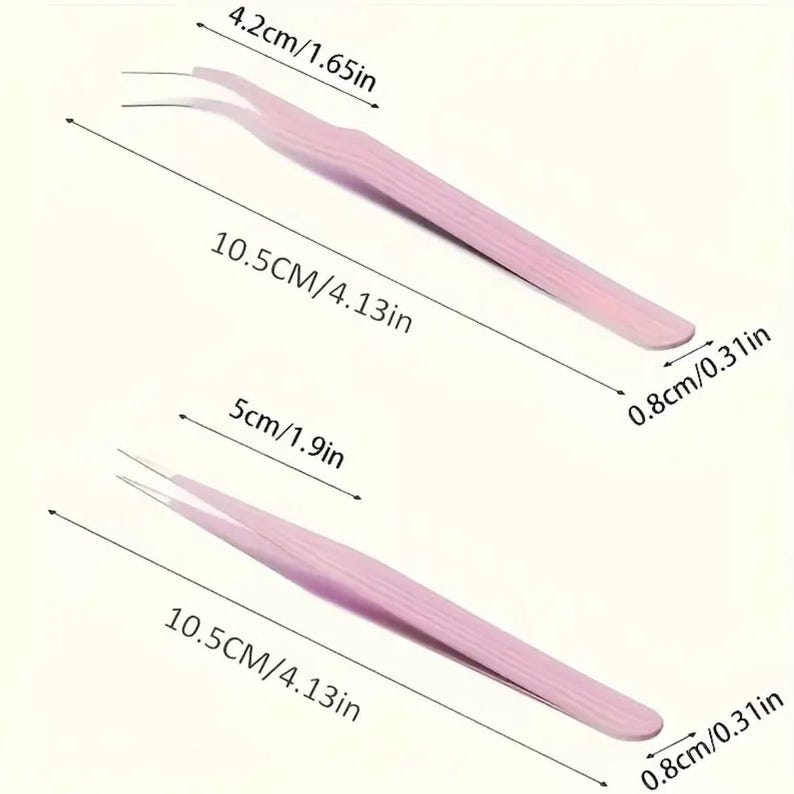May include: Two pink tweezers with silver tips. The tweezers are 10.5 inches long and have a 0.8 inch wide tip. The tweezers are used for applying false eyelashes.