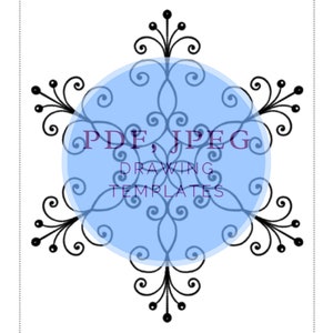 Puede incluir: Una plantilla de mandala en blanco y negro con un c&iacute;rculo azul en el centro. El texto "PDF, JPEG DRAWING TEMPLATES" est&aacute; escrito en morado en el c&iacute;rculo azul.