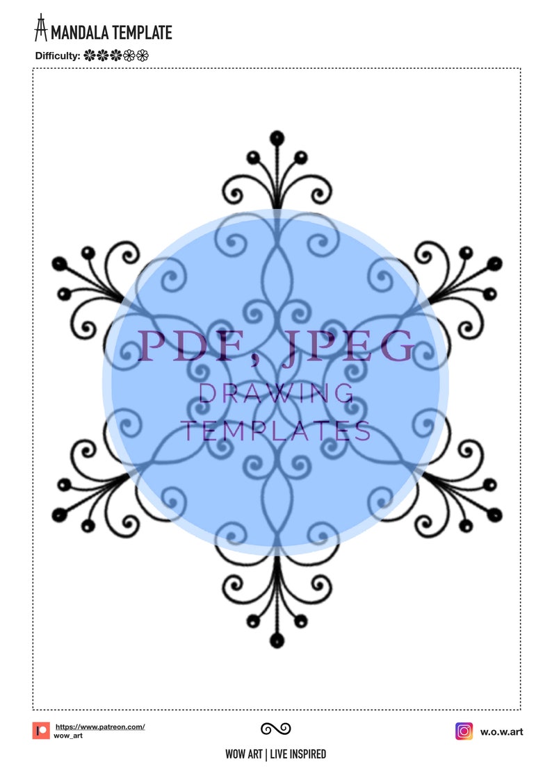 Puede incluir: Una plantilla de mandala en blanco y negro con un c&iacute;rculo azul en el centro. El texto "PDF, JPEG DRAWING TEMPLATES" est&aacute; escrito en morado en el c&iacute;rculo azul.