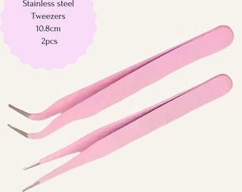 May include: Two pink stainless steel tweezers, each 10.8 inches long.  Stainless steel tweezers, 2pcs.