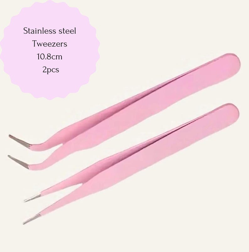 May include: Two pink stainless steel tweezers, each 10.8 inches long.  Stainless steel tweezers, 2pcs.