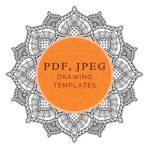 Puede incluir: Un dise&ntilde;o de mandala en blanco y negro con detalles intrincados. El mandala est&aacute; rodeado por un c&iacute;rculo con fondo naranja y el texto "PDF, JPEG DRAWING TEMPLATES".