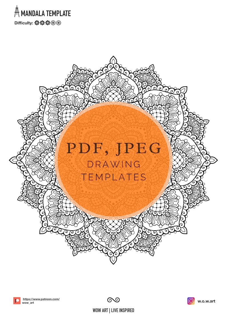 Puede incluir: Un dise&ntilde;o de mandala en blanco y negro con detalles intrincados. El mandala est&aacute; rodeado por un c&iacute;rculo con fondo naranja y el texto "PDF, JPEG DRAWING TEMPLATES".