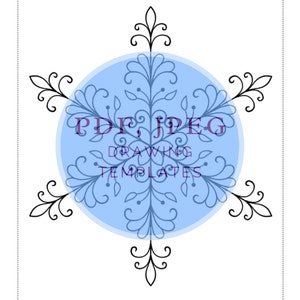 Puede incluir: Una plantilla de mandala en blanco y negro con un c&iacute;rculo azul en el centro. El texto "PDF, JPEG DRAWING TEMPLATES" est&aacute; escrito en morado en el c&iacute;rculo azul.