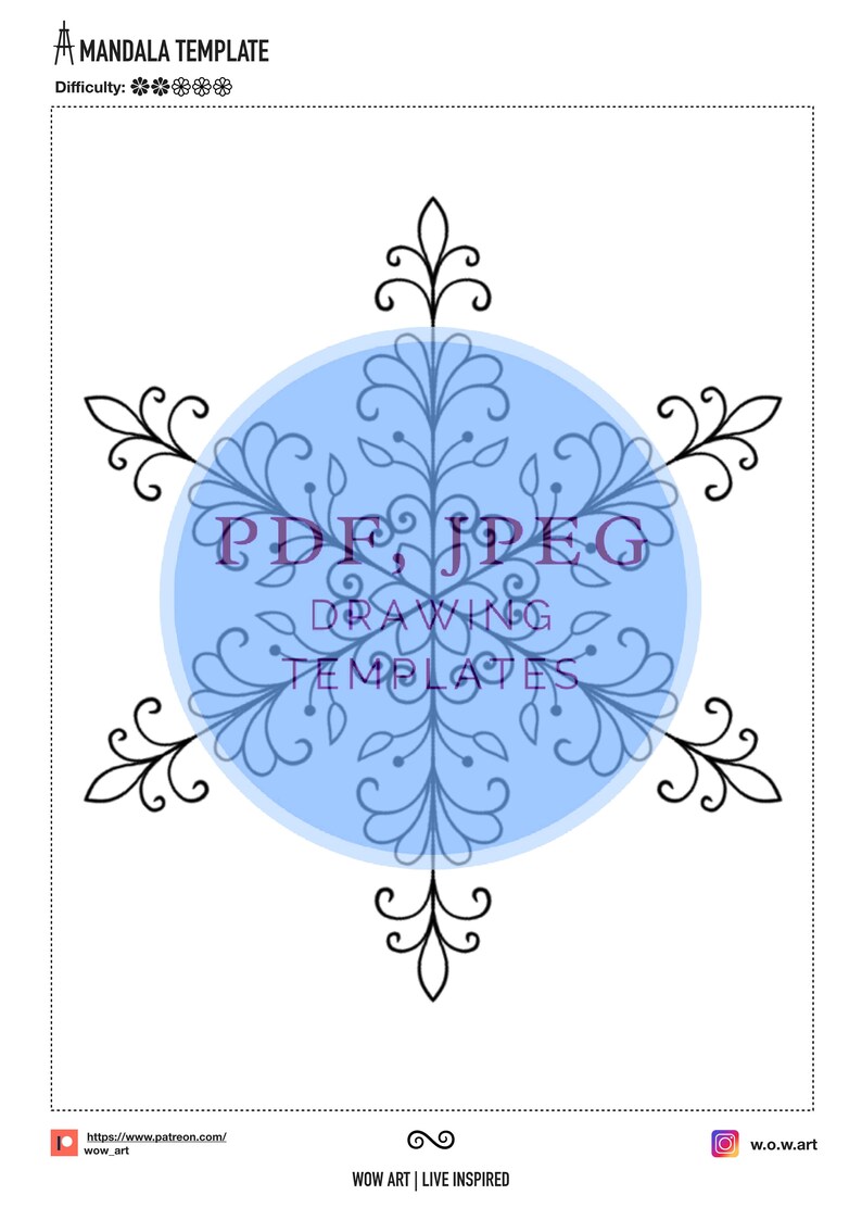 Puede incluir: Una plantilla de mandala en blanco y negro con un c&iacute;rculo azul en el centro. El texto "PDF, JPEG DRAWING TEMPLATES" est&aacute; escrito en morado en el c&iacute;rculo azul.