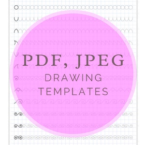 Może przedstawiać: R&oacute;żowe koło z tekstem "PDF, JPEG DRAWING TEMPLATES" na białym tle siatki. Siatka jest wypełniona r&oacute;żnymi wzorami czarnych linii.