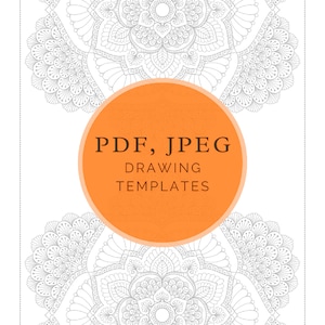 Puede incluir: Una plantilla de dise&ntilde;o de mandala en blanco y negro para dibujar. La plantilla est&aacute; disponible en formatos PDF y JPEG. El texto "PDF, JPEG DRAWING TEMPLATES" est&aacute; en un c&iacute;rculo en el centro de la imagen.