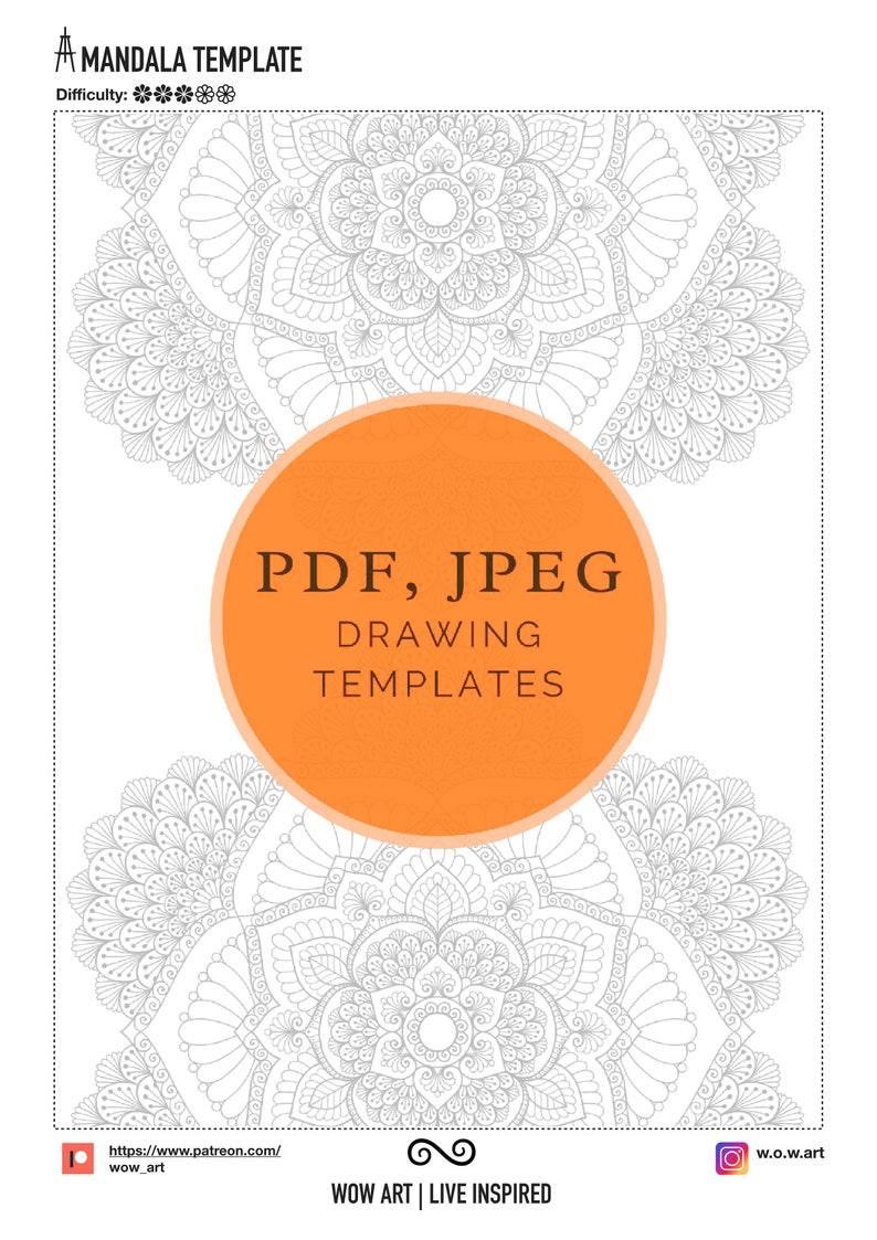 Puede incluir: Una plantilla de dise&ntilde;o de mandala en blanco y negro para dibujar. La plantilla est&aacute; disponible en formatos PDF y JPEG. El texto "PDF, JPEG DRAWING TEMPLATES" est&aacute; en un c&iacute;rculo en el centro de la imagen.