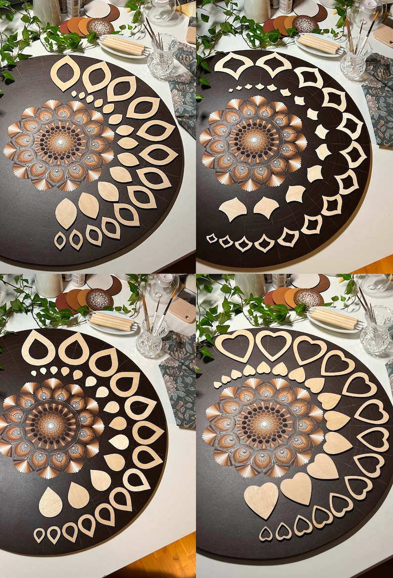 Puede incluir: Cuatro im&aacute;genes que muestran un proyecto de arte de mandala en progreso. La primera imagen muestra un c&iacute;rculo de madera marr&oacute;n con un dise&ntilde;o de mandala pintado en el centro. La segunda imagen muestra el mismo c&iacute;rculo con formas de madera en forma de hojas dispuestas alrededor del mandala. La tercera imagen muestra el mismo c&iacute;rculo con formas de madera en forma de gotas dispuestas alrededor del mandala. La cuarta imagen muestra el mismo c&iacute;rculo con formas de madera en forma de corazones dispuestas alrededor del mandala.