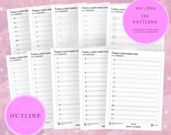 Op de afbeelding: Een downloadbare PDF en JPEG met 130 mandala-tekenpatronen. De patronen zijn verdeeld in 10 naspoorbare patroonbladen en 10 vrijehand-werkbladen. De patronen zijn zwart-wit en zijn afgedrukt op een witte achtergrond.