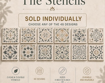 May include: Tile stencils with 48 designs, sold individually. The clear, flexible, durable, and reusable stencils feature intricate patterns in sizes ranging from 4 inches to 6 inches. Text includes Tile Stencils, Sold Individually, Choose Any Of The 48 Designs.