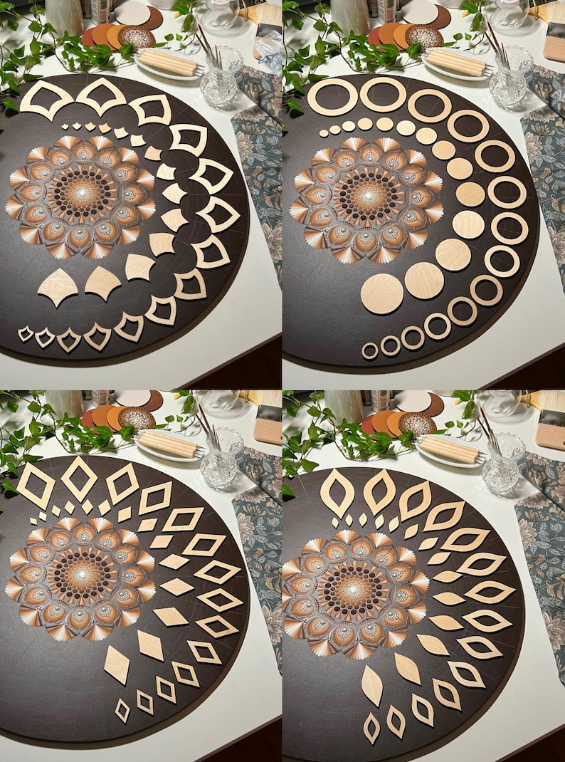 Puede incluir: Cuatro tablas circulares de madera con dise&ntilde;os de mandalas en el centro. Cada tabla tiene un patr&oacute;n diferente de formas de madera alrededor del mandala, incluyendo c&iacute;rculos, diamantes y formas de l&aacute;grima.