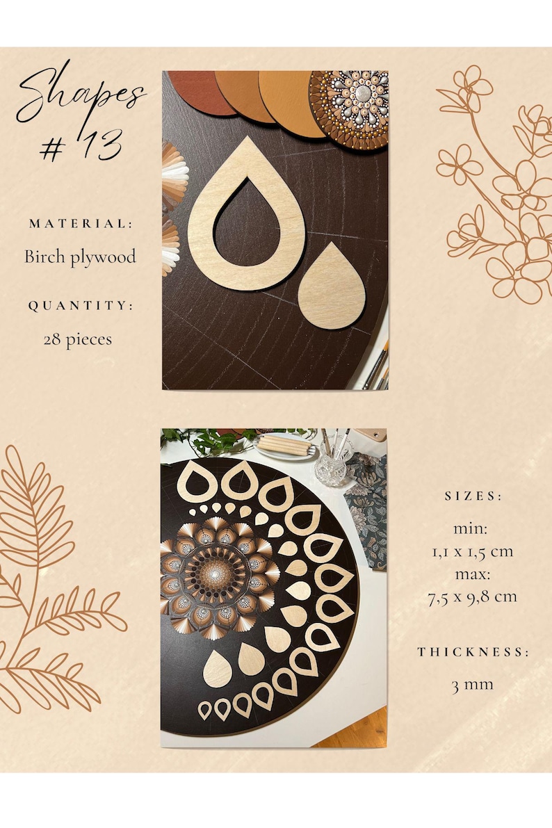 Juegos de plantillas de madera profesionales para dibujar, herramientas de arte de puntos, formas de madera, suministros de arte Mandala, creación de patrones, figuras geométricas, calco. 13. Design #13 28pcs