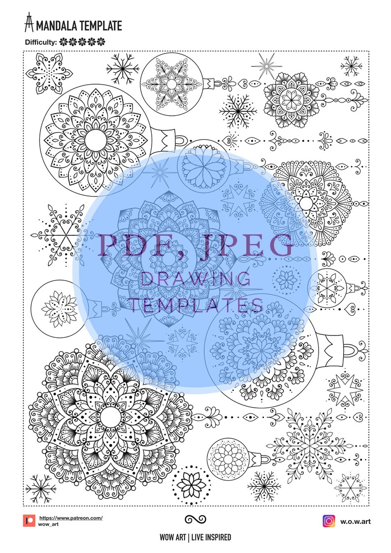 Puede incluir: Una plantilla de mandala imprimible en blanco y negro con una variedad de dise&ntilde;os de adornos navide&ntilde;os y copos de nieve. La plantilla est&aacute; etiquetada como "Plantillas de dibujo PDF, JPEG".