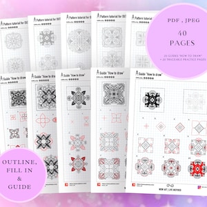 12.Art Guides "How to draw" with an intricate central mandala pattern designs+practice sheets for OUTLINE and Fill In. PDF,JPEG.Mandala art.