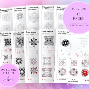 12.Art Guides "How to draw" with an intricate central mandala pattern designs+practice sheets for OUTLINE and Fill In. PDF,JPEG.Mandala art.