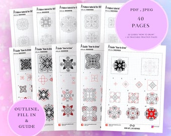 12.Art Guides "How to draw" with an intricate central mandala pattern designs+practice sheets for OUTLINE and Fill In. PDF,JPEG.Mandala art.