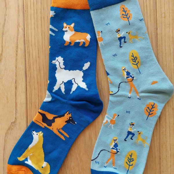 Odd dog socks. Poodle. Corgi. Alsation. Dalmatian. Old English sheepdog. Retriever. Huskie.