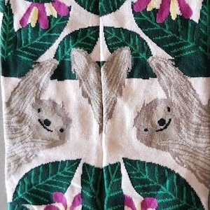 Smiling Sloth socks. Animal socks. Tropical rainforest trees and flowers.  Combed cotton.