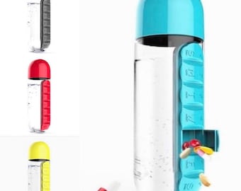 2 in 1 Water Bottle with Built-In 7 Day Pill Organizer For Pills and Vitamins