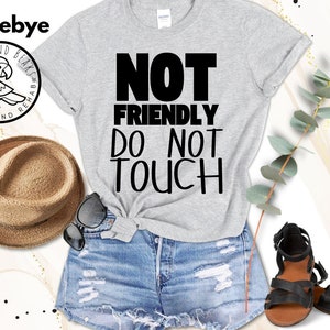 May include: A grey t-shirt with black text that reads "NOT FRIENDLY DO NOT TOUCH". The shirt is being modelled by a person wearing denim shorts and sandals. The model is standing in front of a white background with gold glitter.