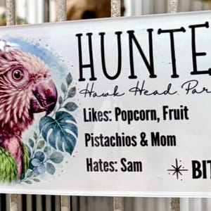 May include: A rectangular white sign featuring a watercolor illustration of a Hawk Head Parrot on the left. The text reads: HUNTER, Hawk Head Parrot, Likes: Popcorn, Fruit, Pistachios & Mom, Hates: Sam, BITES! The sign has green hooks at the top.