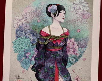 Stampa artistica Shibari: illustrazione floreale giapponese firmata.