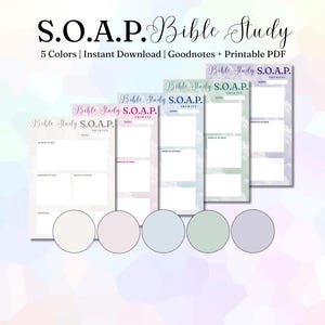 May include: A digital download featuring five Bible study templates in pastel shades. Each template is labelled "Bible Study S.O.A.P." and includes sections for scripture, observation, application, and prayer. The image also includes the text "S.O.A.P. Bible Study".