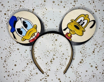 Mickey's Runaway Railway Donald and Pluto Hand Painted Mouse Ears