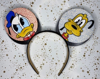 Mickey's Runaway Railway Donald and Pluto Hand Painted Patterned Mouse Ears