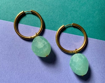 Green Aventurine Stone Gemstone Drop Gold Large Hoop Earrings