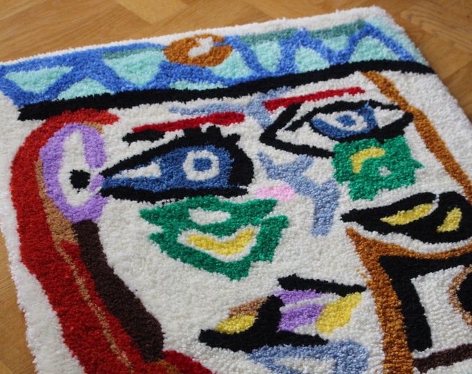 Picasso Gemälde Inspiriertes abstraktes Gesicht Mehrfarbig Handgemachter Tufted Rug