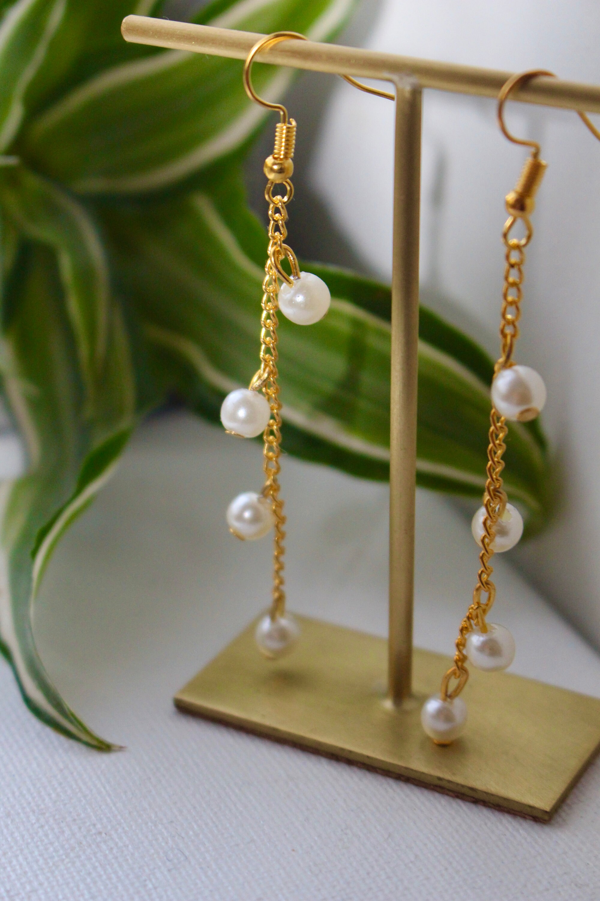 Pearl Chain Drop Gold Earrings Etsy UK